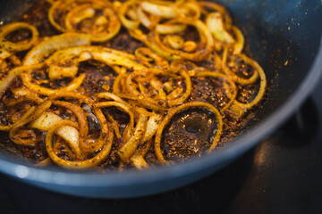 simple food ingredients, caramelised onion rings with curry and spices