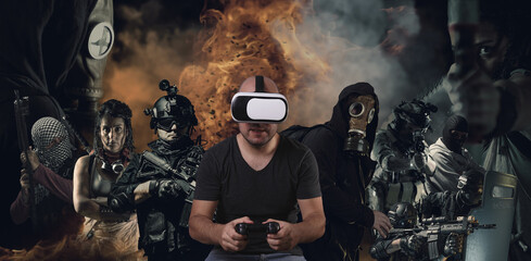 young man plays action game with game console and virtual glasses.