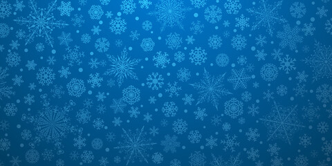 Fototapeta na wymiar Christmas background of various complex big and small snowflakes, in blue colors