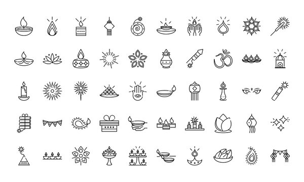 happy diwali india festival, deepavali religion celebration event line style icons vector