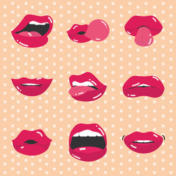 pop art mouth and lips, female sexy wet red lips with teeth, set flat icon design dotted background