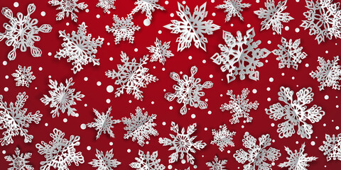 Naklejka na ściany i meble Christmas background with volume paper snowflakes with soft shadows on red background