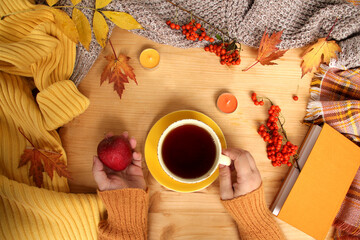 female hands holding a cup of hot tea or coffee, autumn flat in the Scandinavian hugg style, with yellow leaves, cozy knitwear, candles and berries, a blank for the designer