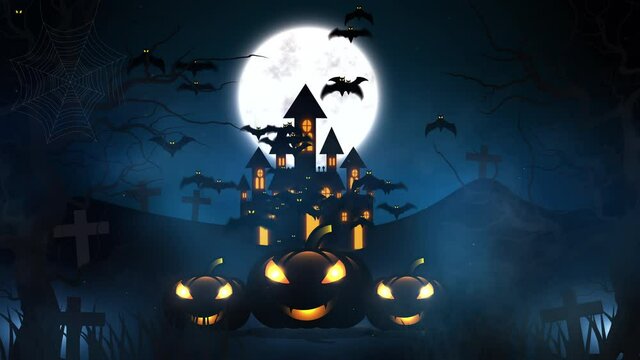 Halloween background with haunted house, bats and pumpkins, graves, at misty night spooky with fantastic big moon in sky.  animation rendered in 4K