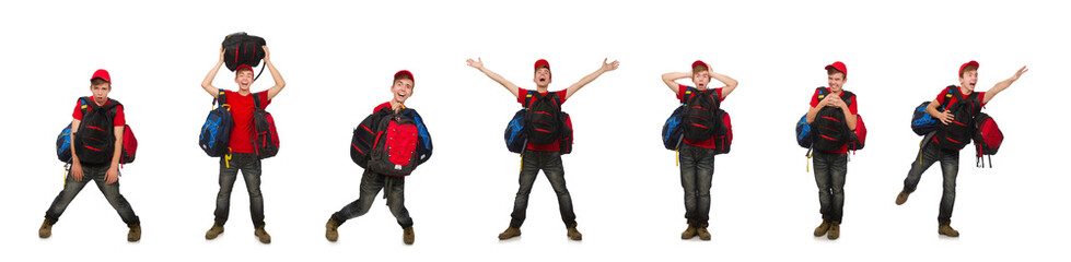Young traveller with backpack isolated on white