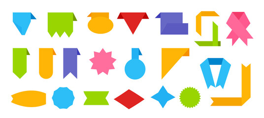 Set of flat colored ribbons. Simple cartoon decorative paper banner. Retro flag, blank tape for text, price tag, sale label. Empty template different shape ribbon Isolated on white vector illustration