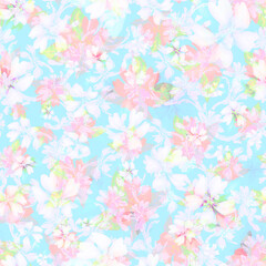 Fototapeta na wymiar Seamless blue and pink flowers pattern with overlay on light blue background with white silhouette