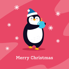 Penguin with ball, snow, winter holidays postcard greeting Merry Christmas. Cartoon cute flat card hand drawn penguin. Funny happy New year animal character. Isolated vector illustration