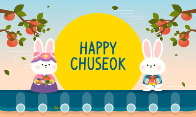 Happy Chuseok (Korean thanksgiving Festival) vector illustration. Cute rabbits in Hanbok costume on the roof