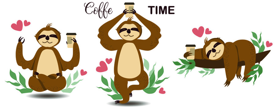 Set Cute sloths drink coffee. Flat style. Coffee time lettering. 
Print for menus, textiles, t-shirts, sweatshirts.