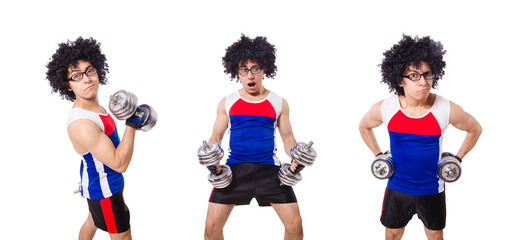 Funny man exercising with dumbbells