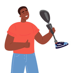 Disabled man presents a prosthesis.African American guy with artificial limb isolated cartoon character on white background.Advertising concept.Vector flat style cartoon illustration.