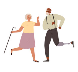 Old, senior couple dancing dancing romantically together. Elderly people active lifestyle. Old disabled man and woman spend time together.Extreme leisure. Cartoon flat vector illustration