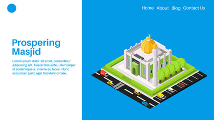 Prospering masjid or mosque landing page with flat isomemtric illustration