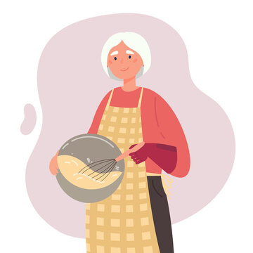 Cute old woman cooks with prosthetic arm.Elder woman hold cooking equipment. Active life of a disabled person. Grandmother's hobby.Vector flat style cartoon illustration on white background. 