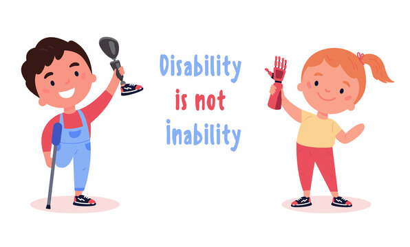 Disabled children presents a prosthesis.Little boy and girl with artificial limbs isolated cartoon characters on white background.Advertising concept.Vector flat style cartoon illustration with text.