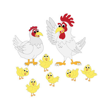 illustration vector graphic of cute chicken animal character cartoon isolated, perfect for cover, book, birthday card, gift card, wrap paper, sticker, t-shirt, memo, decoration