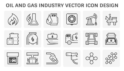 Oil and gas industry icon i.e. global process of exploration, extraction and refinery. Transport by oil tanker and pipeline. Business of petroleum product. Gas station and refuel. Vector icon set.