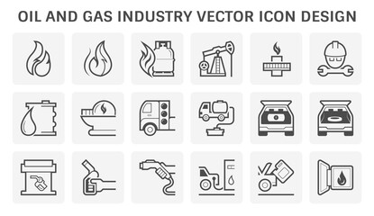 Oil and gas industry icon i.e. global process of exploration, extraction and refinery. Transport by oil tanker and pipeline. Business of petroleum product. Gas station and refuel. Vector icon set. © DifferR