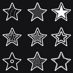 Set, collection of 9 different hand drawn stars, rough handmade, black doodles EPS Vector