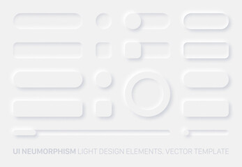 Neumorphic Vector UI Design Elements Set Light Version On White Background. UI Components Buttons, Bars, Switchers, Sliders In Simple Elegant Trendy Neomorphic Style For Apps, Websites, Interfaces