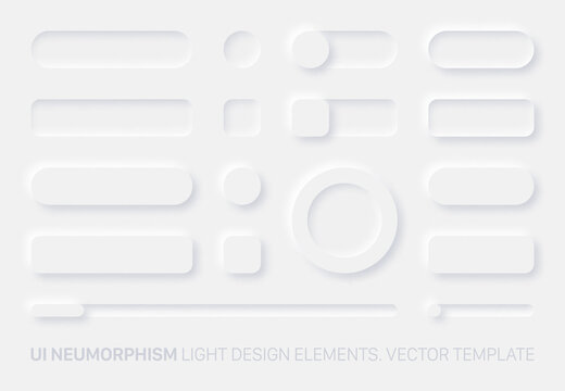 Neumorphic Vector UI Design Elements Set Light Version On White Background. UI Components Buttons, Bars, Switchers, Sliders In Simple Elegant Trendy Neomorphic Style For Apps, Websites, Interfaces