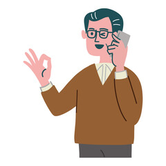 男性　中年　携帯電話　いいね　立っている
