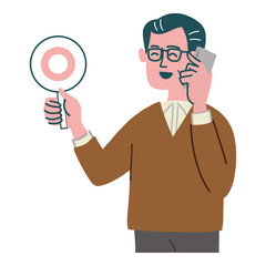 男性　中年　携帯電話　マル　立っている
