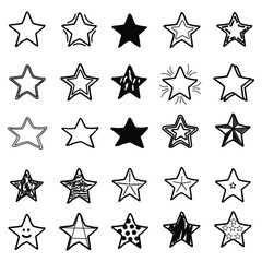 Big set, collection of 25 different hand drawn stars, rough handmade, black doodles EPS Vector