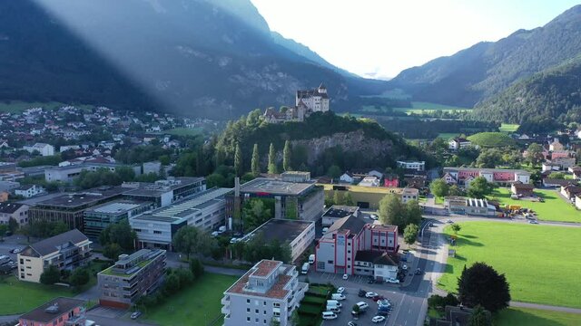 Picturesque summer landscape with Gutenberg Castle, important historic preserved castle located in town of Balzers, Principality of Liechtenstein