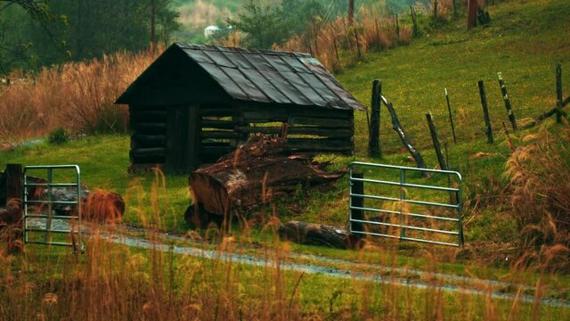 Barn on farmland in the mountains.