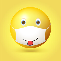 Emoji emoticon with medical mask on face. Smiling mouth with tongue hanging out painted on a mask. Vector 3d illustration isolated on yellow background.