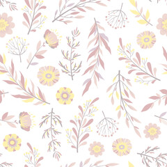 Seamless vector pattern with hand drawn flowers, leaves and branches isolated on white background. Floral design template for print, fabric, invitation, brochure, card, wallpaper, cover