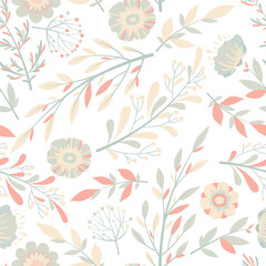 Seamless vector pattern with hand drawn flowers, leaves and branches isolated on white background. Floral design template for print, fabric, invitation, wallpaper, brochure, card, cover