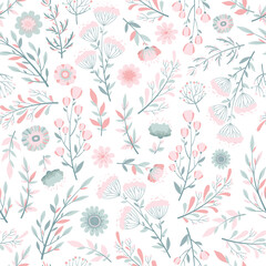 Seamless vector pattern with hand drawn flowers, leaves and branches isolated on white background. Floral design template for print, fabric, invitation, wallpaper, card, cover, brochure