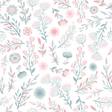 Seamless vector pattern with hand drawn flowers, leaves and branches isolated on white background. Floral design template for print, fabric, invitation, wallpaper, card, cover, brochure