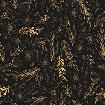 Seamless vector pattern with hand drawn gold flowers, leaves and branches isolated on black background. Floral design template for print, fabric, invitation, brochure, card, cover, wallpaper