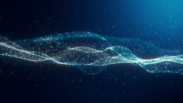 Abstract digital blue color wave with flowing small particles dance motion on wave and light abstract background. Cyber or technology background. Seamless 4K loop.
