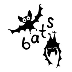 Cute black bats drawn in cartoon flat style. Vector black silhouette illustration isolated on white background. For halloween design, greeting card