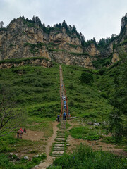 Restored ancient, historic walkways on cliffs at Luya Mountain, Ningwu County, Xinzhou, Shanxi, China. Dated back to Tang dynasty.