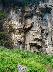 Shimen hanging coffins on cliffs at Luya Mountains, Ningwu, Xinzhou, Shanxi, China. Only kind in...