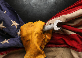 Worn work glove holding wrench tool and gripping old worn US American flag. Made in USA, American workforce, blue collar worker, or Labor Day concept.