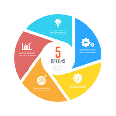 Circle infographics template can be used diagram, presentation or web design. Business concept with 5 options or steps. Vector infographic design.