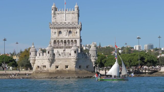 Belem Tower in Lisbon view from river tagus Portugal slow motion 4k