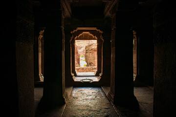 Fototapeta na wymiar Historical stone pillar rows of Badami in the dark.