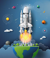Paper art style of the space shuttle taking off in space, start-up concept, flat-style vector illustration.