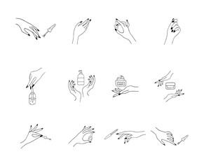 Female manicured hands. Lady painting, polishing nails. Nail polish and nail file. Vector Illustration of Elegant female hands in a trendy minimalist style. Beauty logo for nail studio or spa salon.