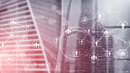 Social media concept on futuristic city background.