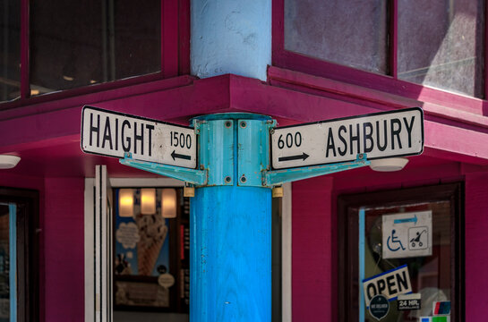 Haight Ashbury street intersection sign in the famous eclectic neighborhood, hippie area of San Francisco, USA