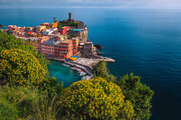 Vernazza village and flowery gardens, Cinque Terre, Italy